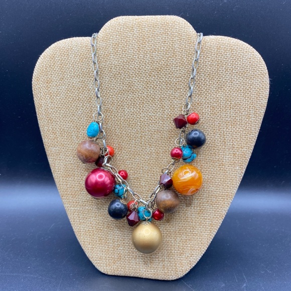 Boho Necklace Acrylic & Wood Beads Silver Tone - Picture 2 of 6